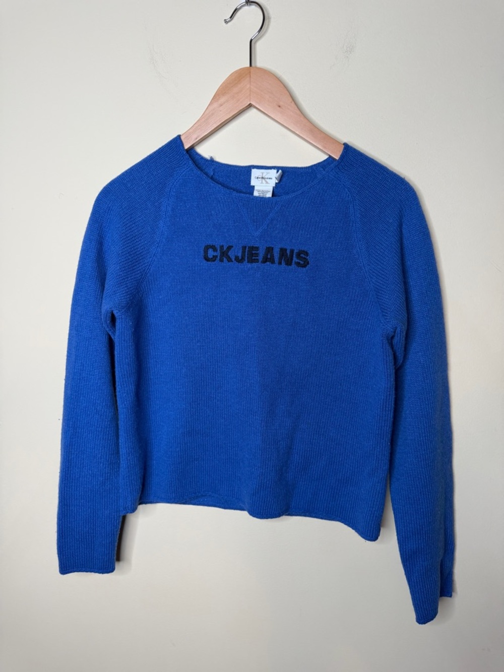 Vintage 90s Calvin Klein Wool Blend Sweater Spellout Boat Neck Blue Long Sleeve